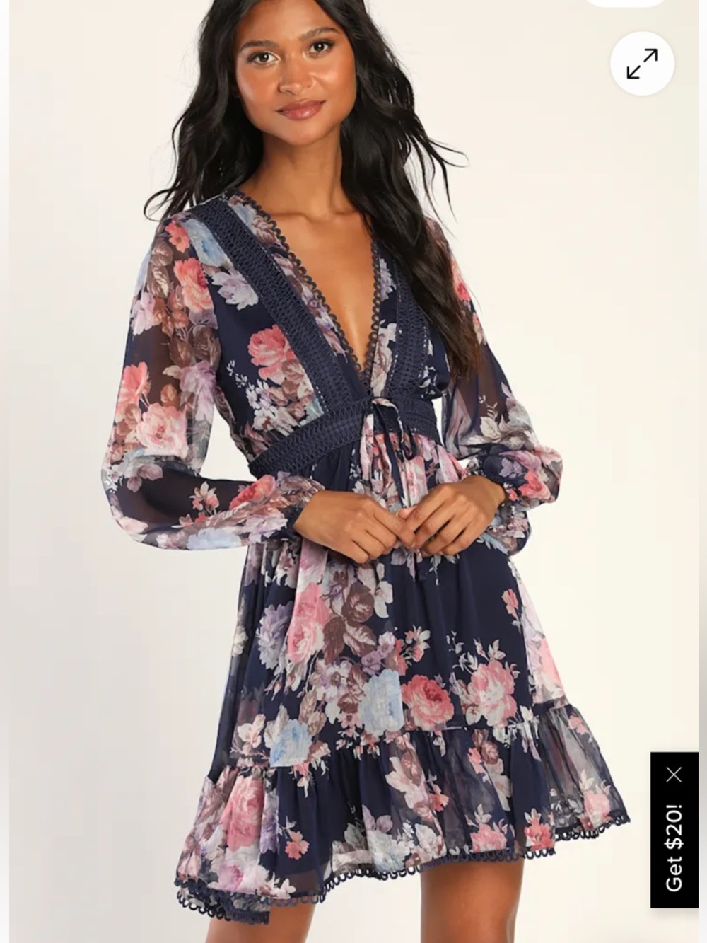 Lulu's Navy Floral Lace-Trim Dress with Pink Blooms